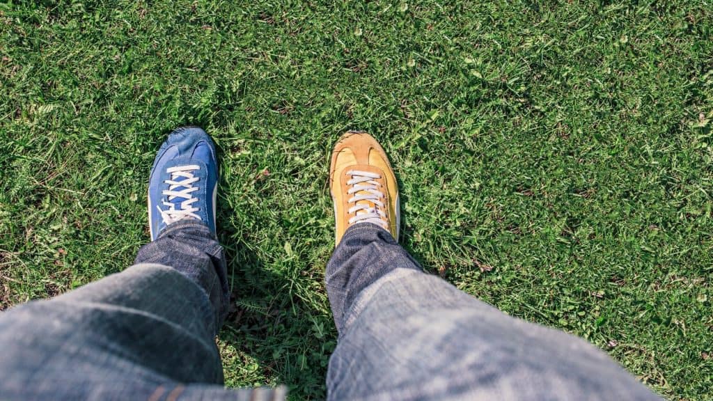 legsin grass with two different colored shoes