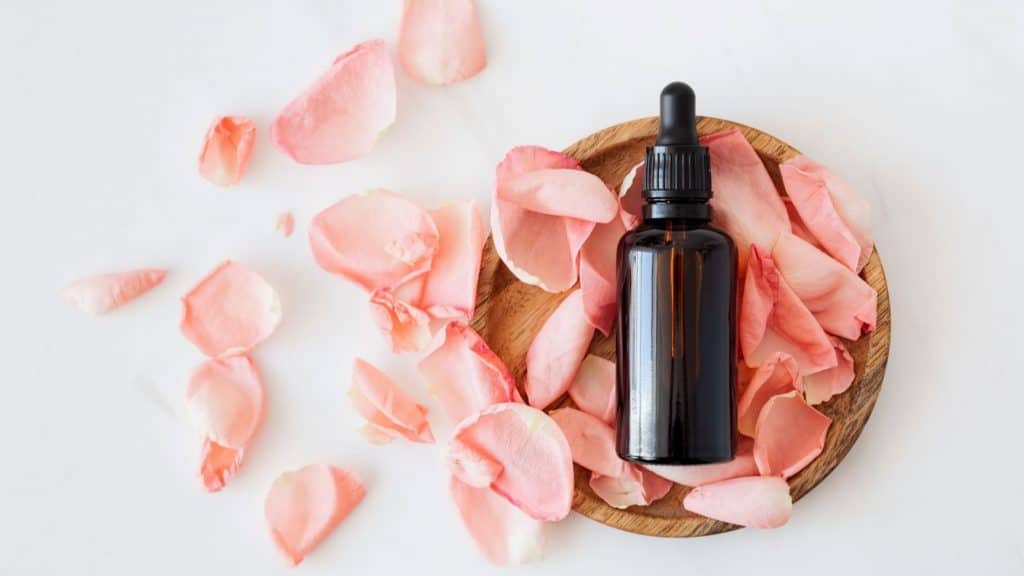 essential oil bottle on top of pink rose petals
