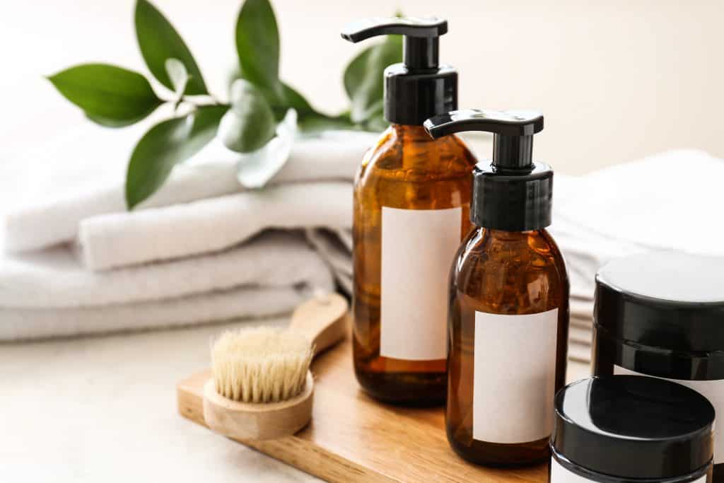 Set of cosmetics for personal hygiene on table