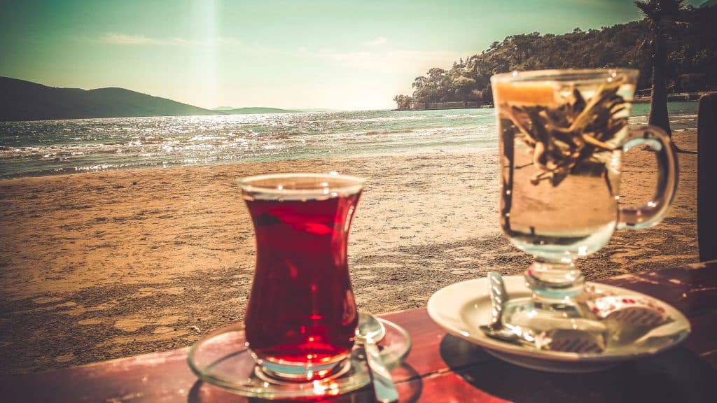tea packaging on a beach