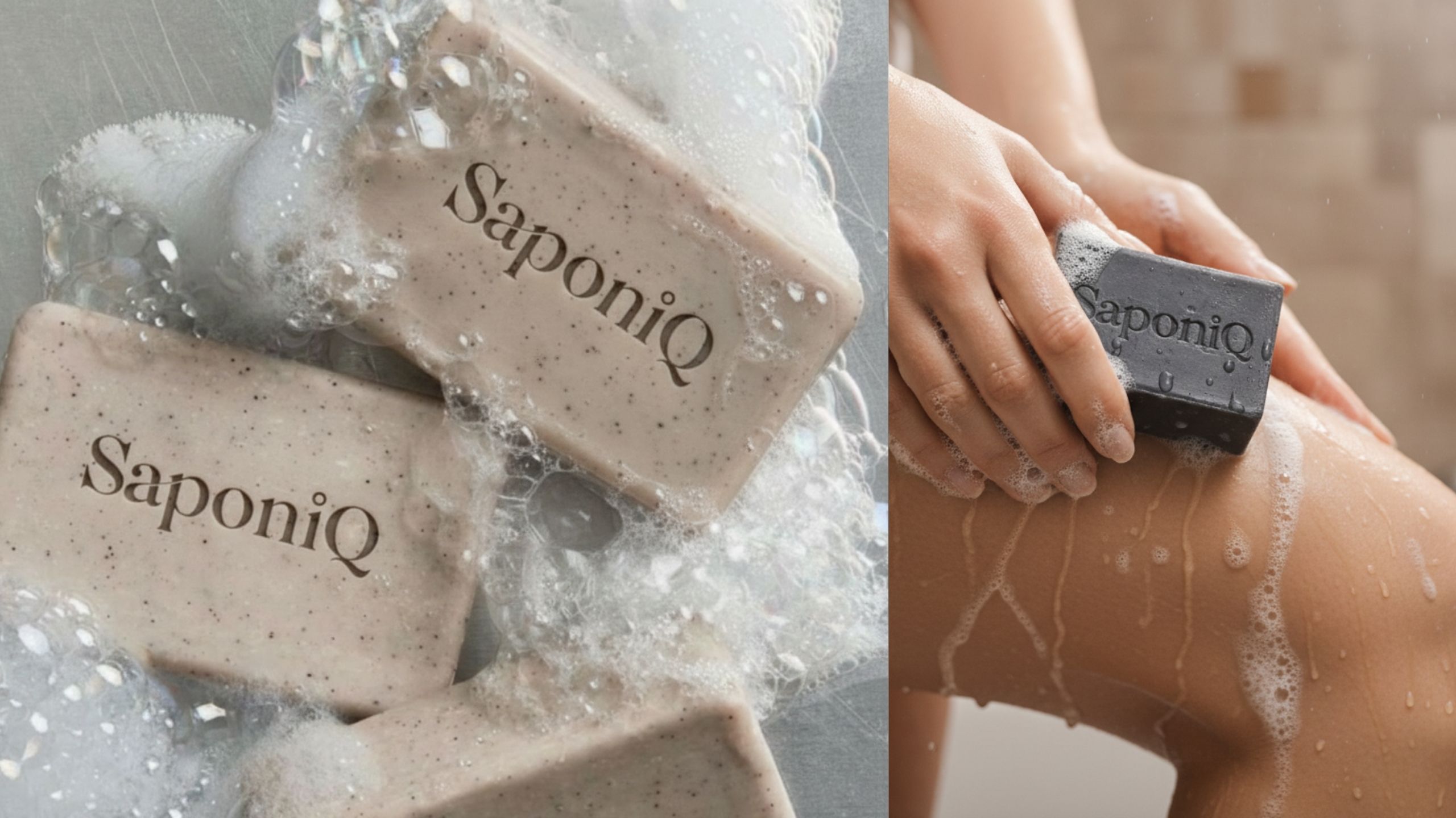 Branded soap bars with embossed logo surrounded by foam alongside lifestyle shot of product in use with rich lather and texture details