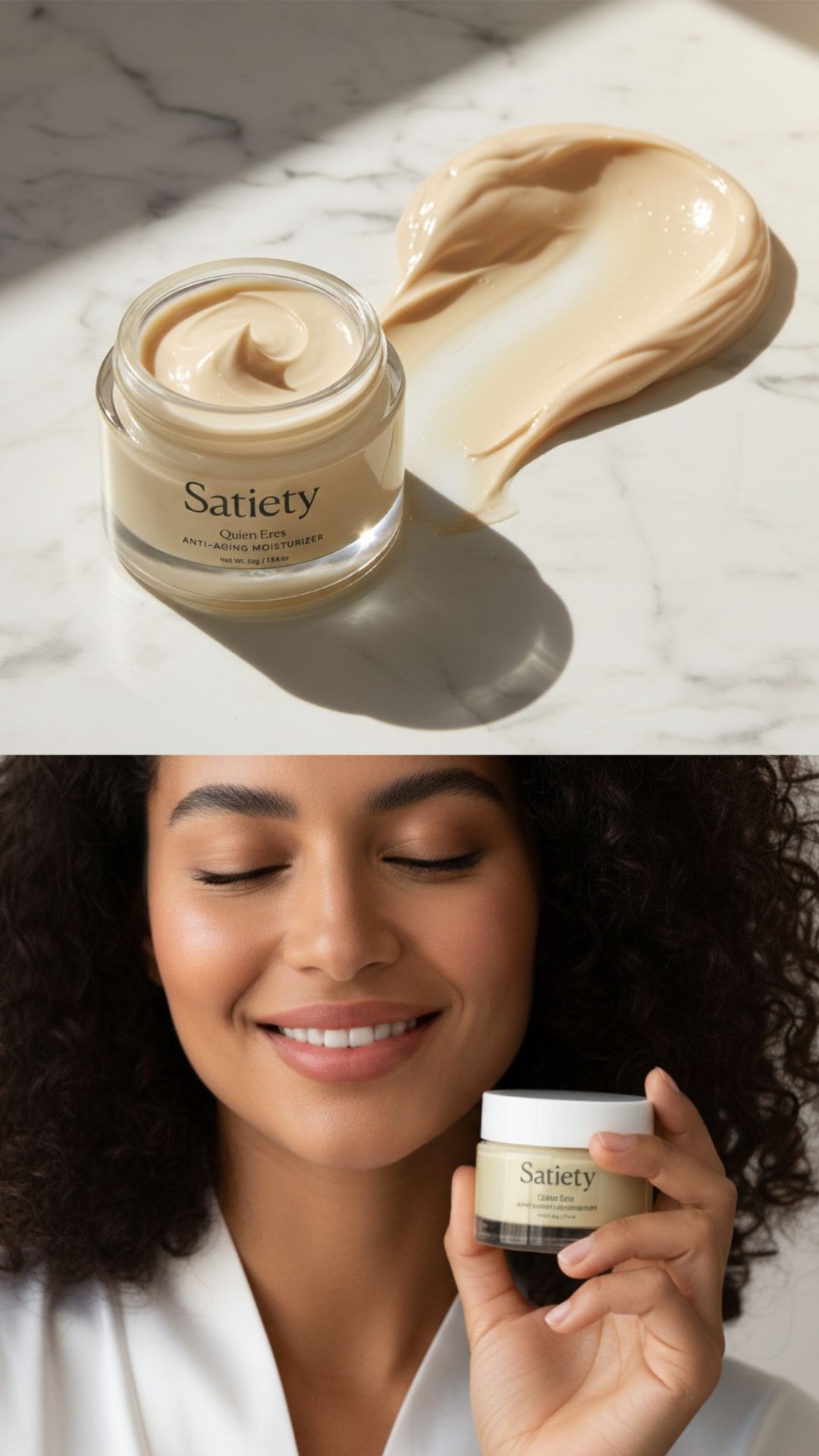 Use this: Satiety luxury moisturizer with minimal label design and clean typography, styled product photography with creamy texture detail and lifestyle application showcasing premium skincare branding
