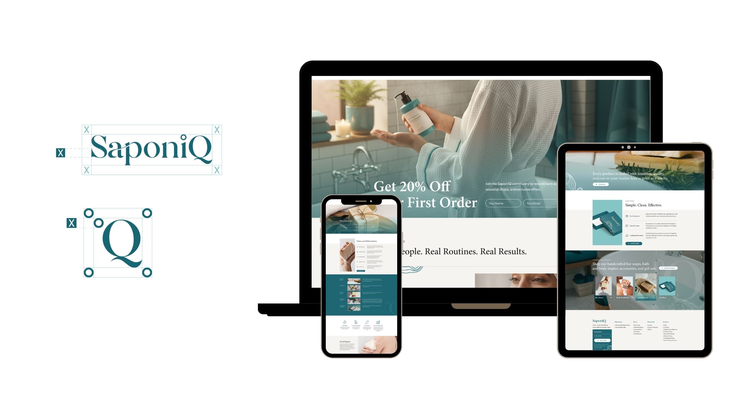 Skincare brand rebrand featuring logo design and responsive website across desktop tablet and mobile with cohesive visual identity