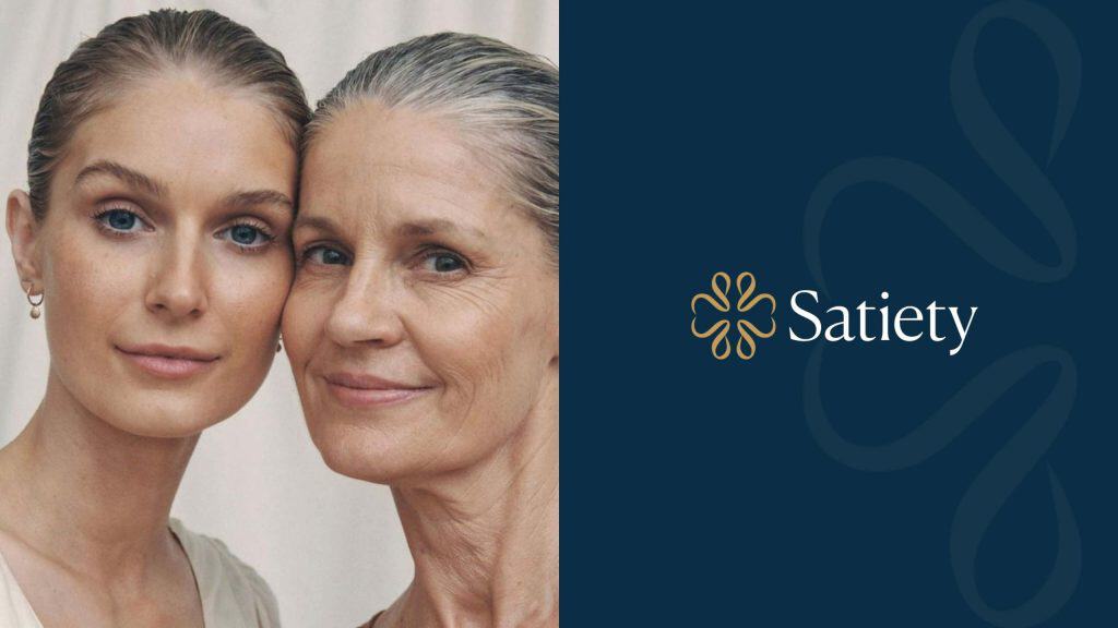 Skincare brand logo design for anti-aging beauty brand featuring elegant typography and icon alongside lifestyle imagery of mature and younger skin