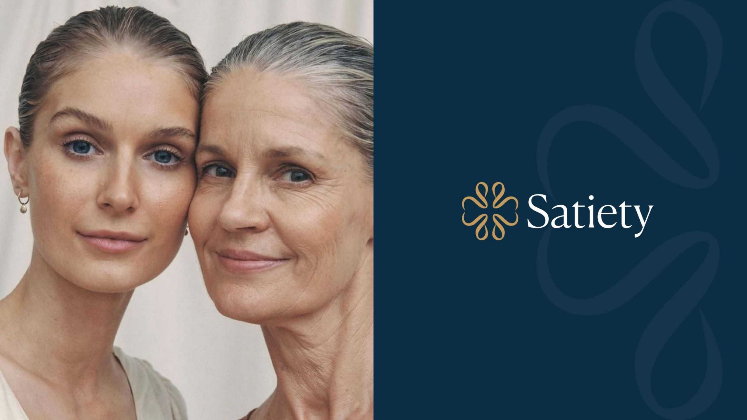 Skincare brand logo design for anti-aging beauty brand featuring elegant typography and icon alongside lifestyle imagery of mature and younger skin