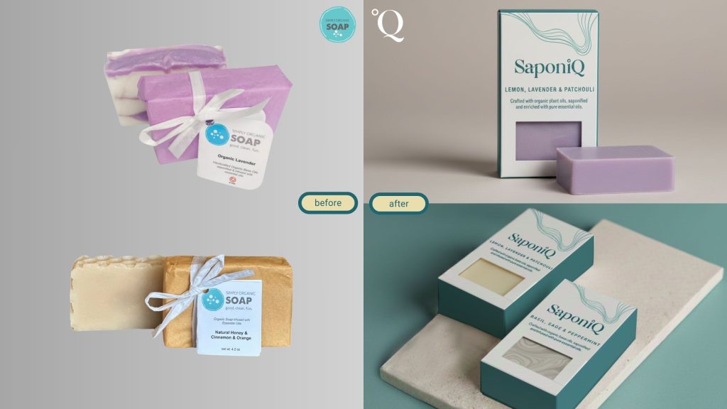 Before and after skincare rebrand showcasing logo redesign and elevated packaging with refined typography and cohesive product presentation