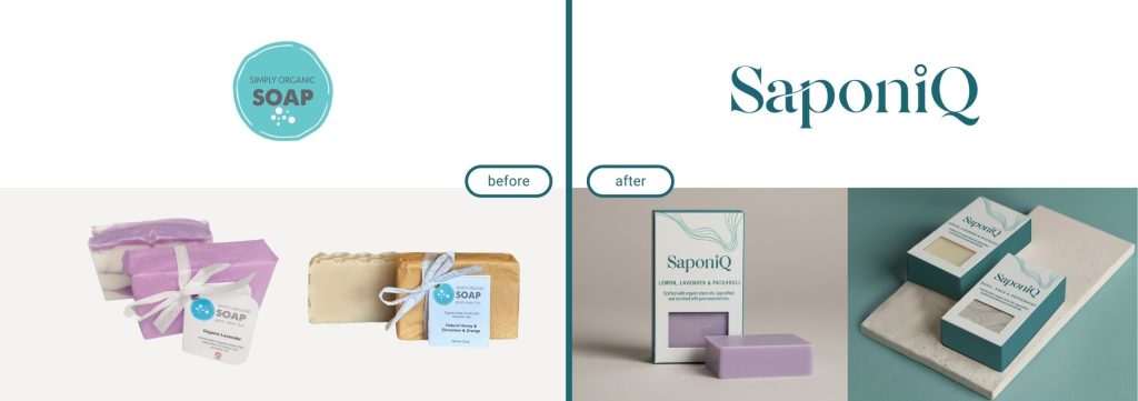 Before and after brand transformation showing outdated soap packaging redesigned into refined, modern identity with elevated typography and cohesive product presentation