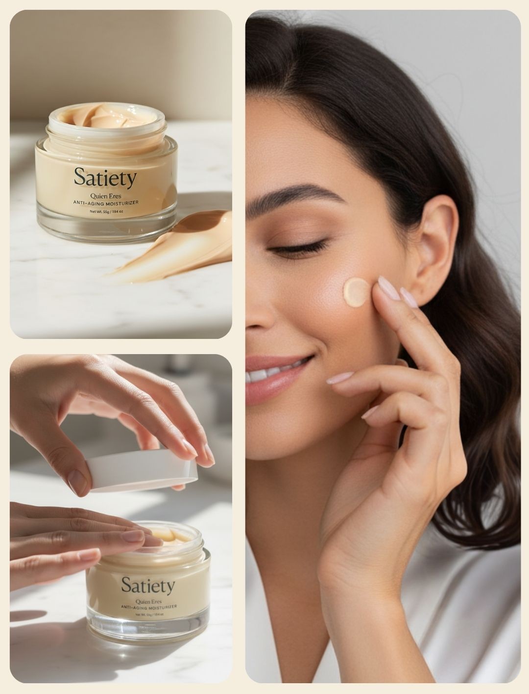 Luxury skincare label design with minimal logo, clean typography and premium product photography showing real use and application