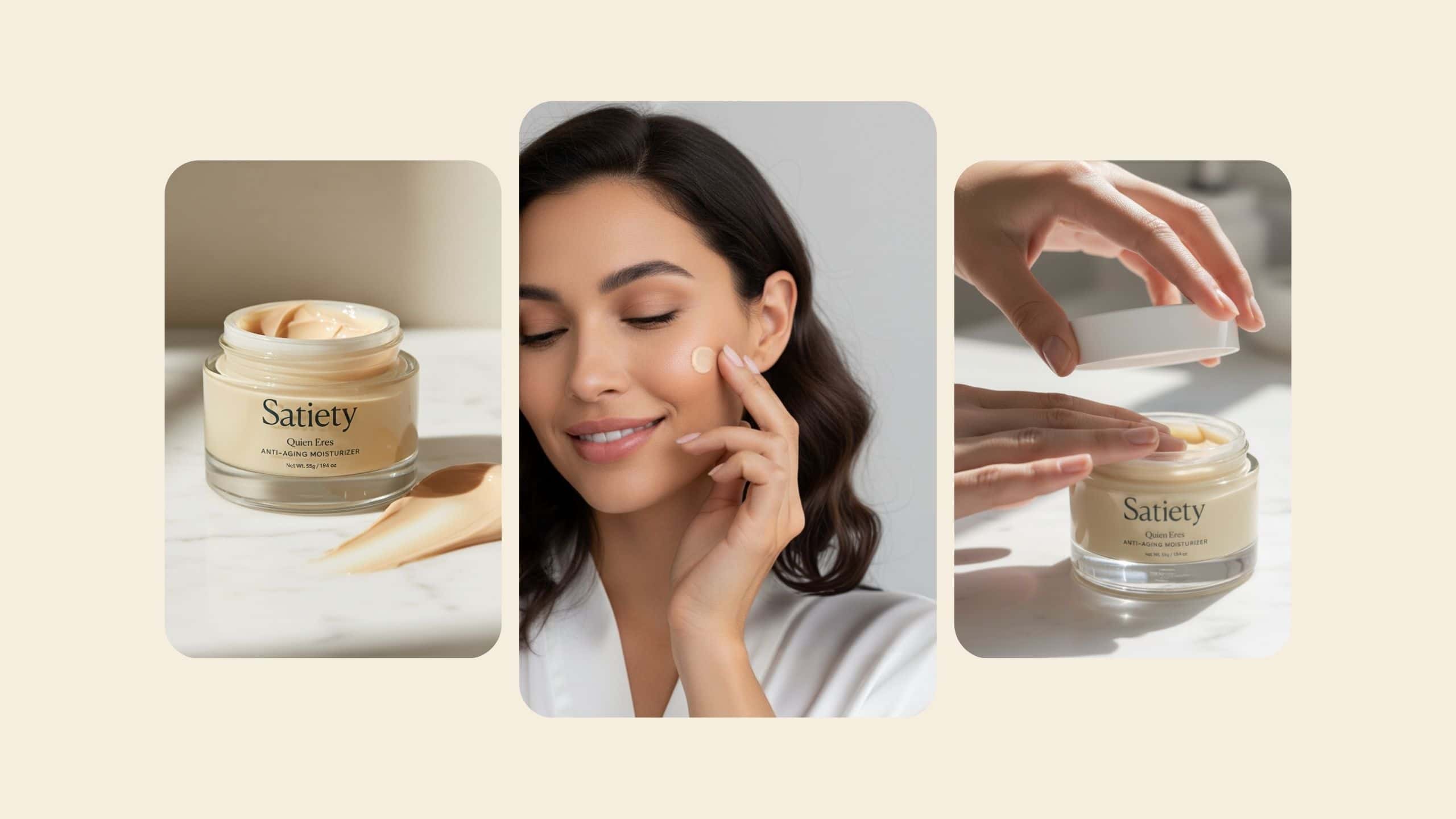Product photography and lifestyle imagery showing moisturizer texture, application on skin, and packaging design within a cohesive skincare brand presentation