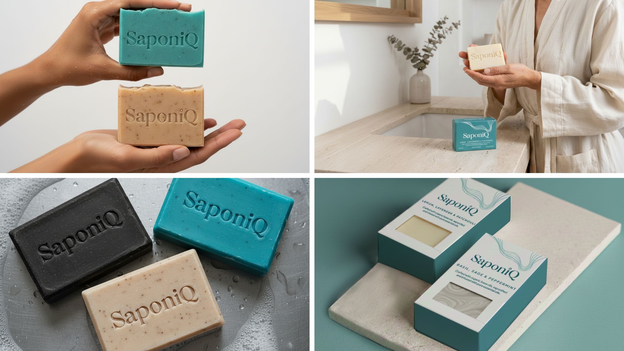Product lineup featuring embossed logo across soap bars, lifestyle application, and cohesive packaging design system of a skincare brand