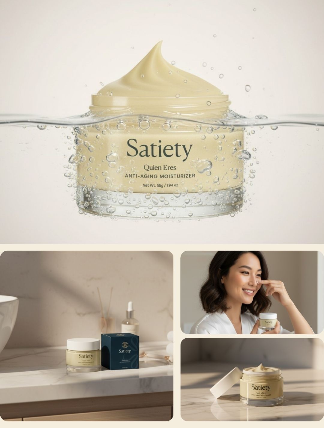 Luxury skincare packaging and label design with minimal logo, premium box design and cohesive visual identity across product and branding