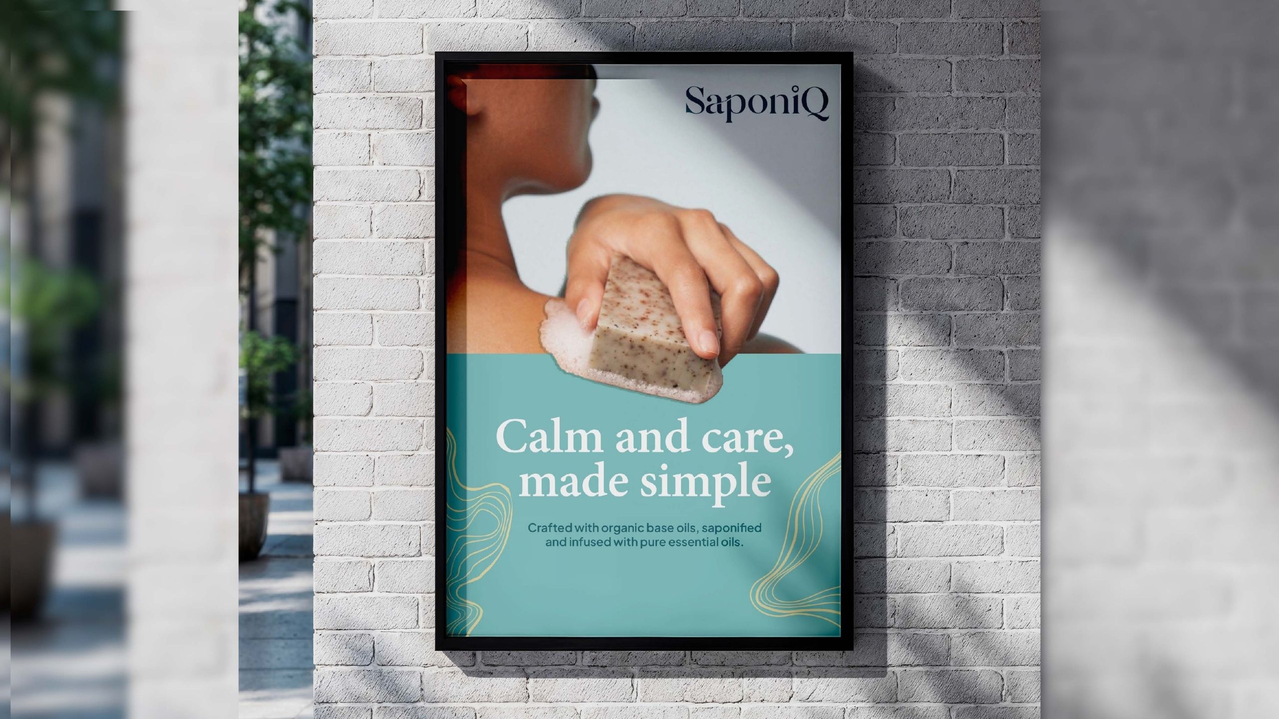 Skincare brand campaign poster featuring lifestyle product use, logo placement, and calming messaging applied to outdoor advertising