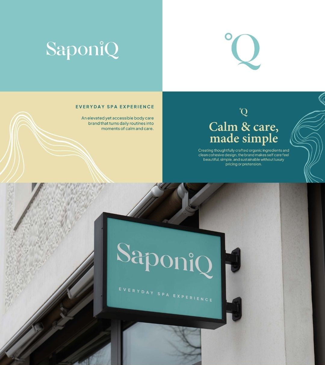 Brand identity design presentation featuring logo, color palette, typography system and retail signage for a modern skincare brand