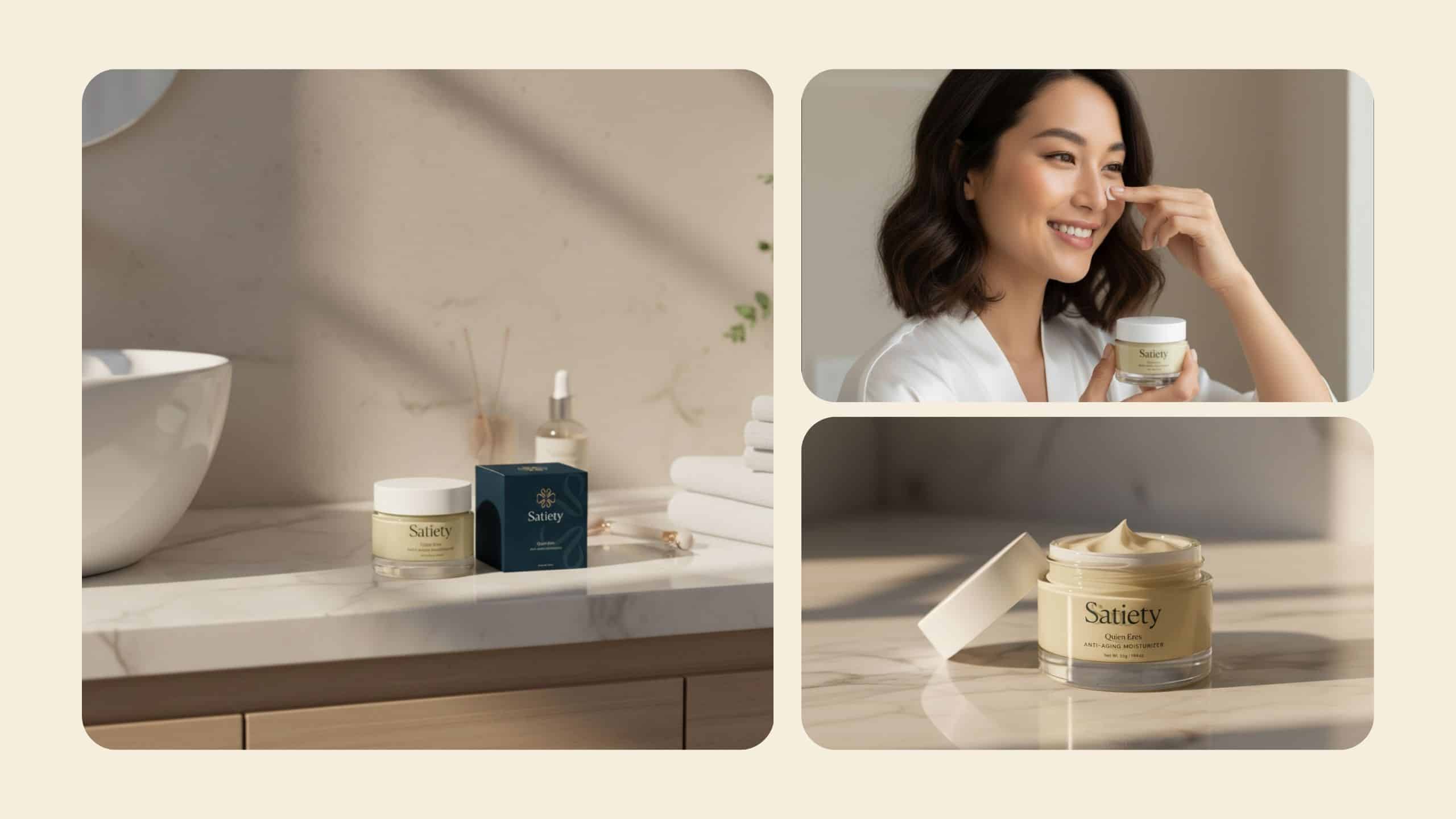 Product photography and lifestyle imagery showcasing moisturizer packaging, application, and cohesive branding across a premium skincare line