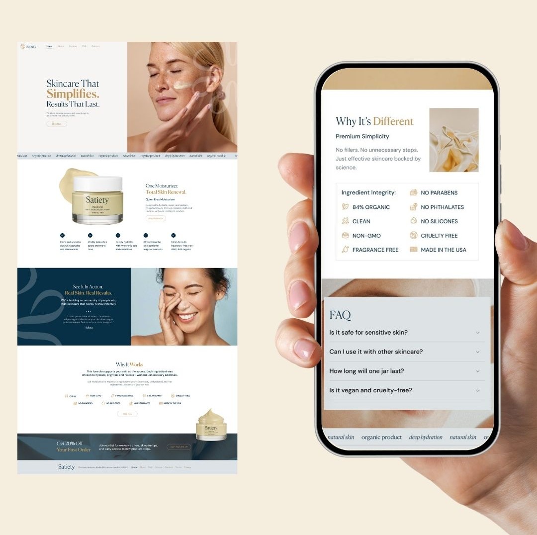 Ecommerce website design for skincare brand with mobile responsive layout, product page design and user experience focused structure