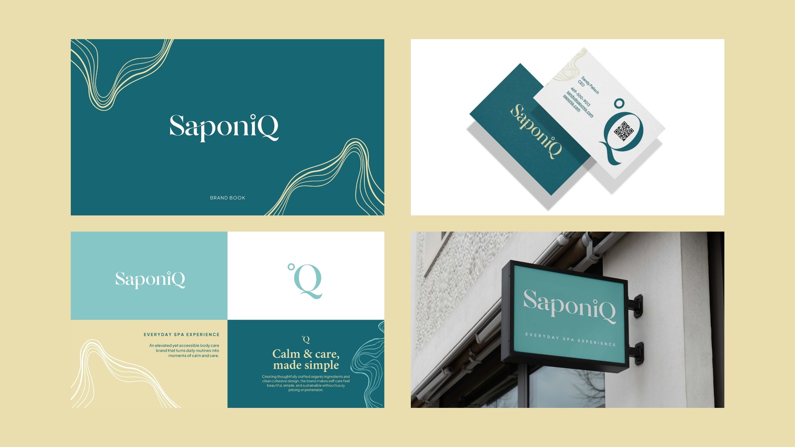 Skincare brand identity system including logo design, brand guidelines, color palette, typography, and applications across print and signage