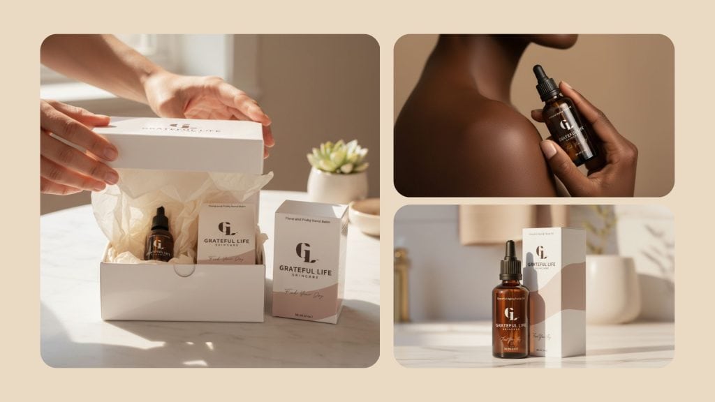Luxury product photography showcasing packaging design, serum bottle and lifestyle application, highlighting minimal logo, cohesive branding and premium unboxing experience