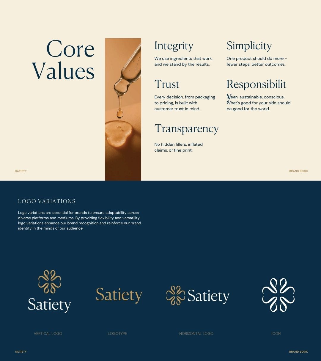 Brand strategy and logo design with brand guidelines and brand book, defining visual identity, core values and cohesive branding system for a skincare line