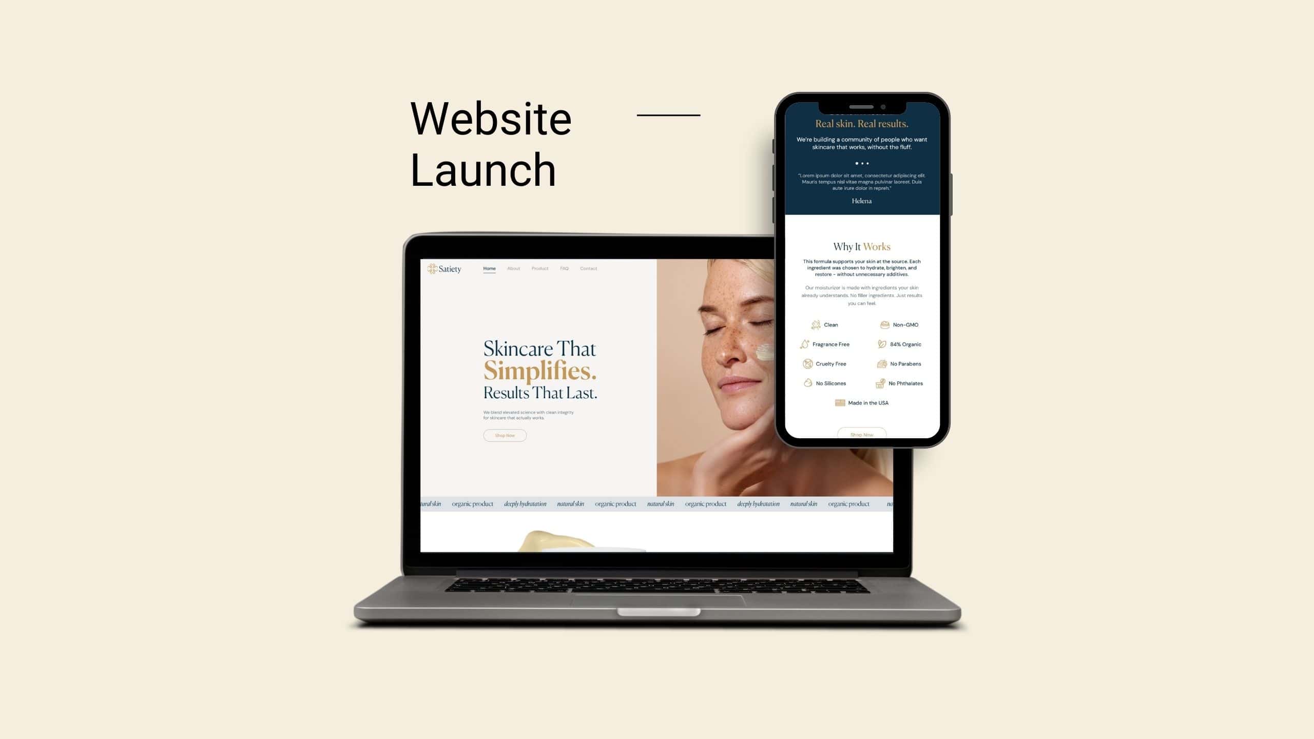 Website launch for skincare brand featuring responsive design across desktop and mobile with product-focused layout and cohesive brand identity