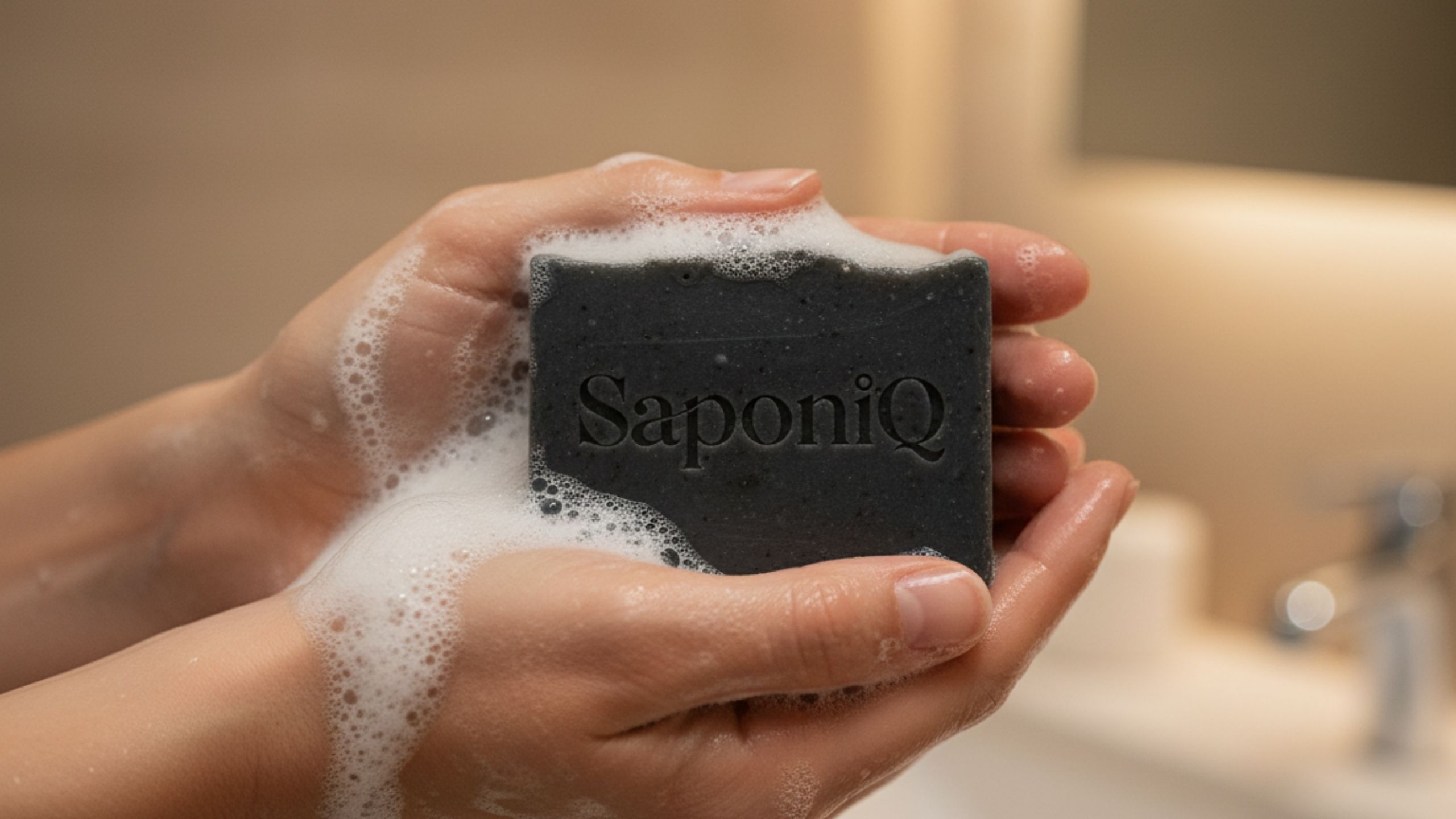 Hands holding lathered soap bar with embossed logo, highlighting texture, foam, and everyday skincare use