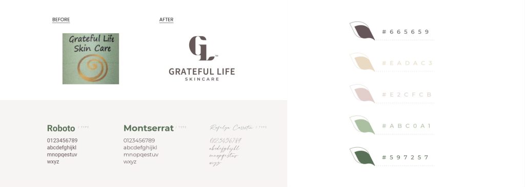 Brand identity redesign showing before and after logo, updated typography system and refined color palette for a clean, modern visual identity