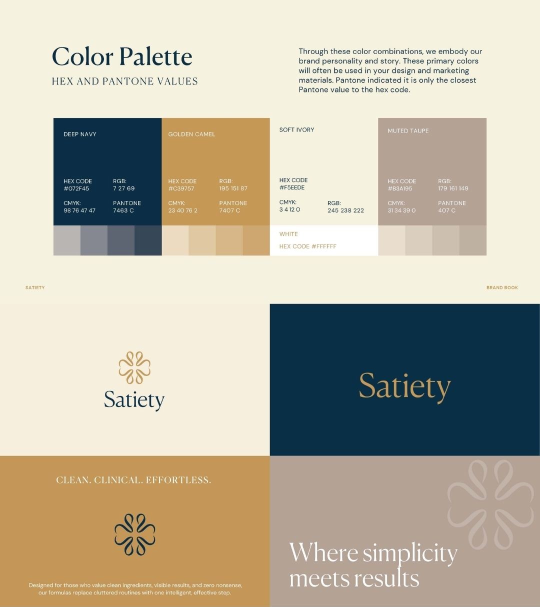 Brand identity design with color palette, typography system and logo design for skincare brand, defining a clean and premium visual direction