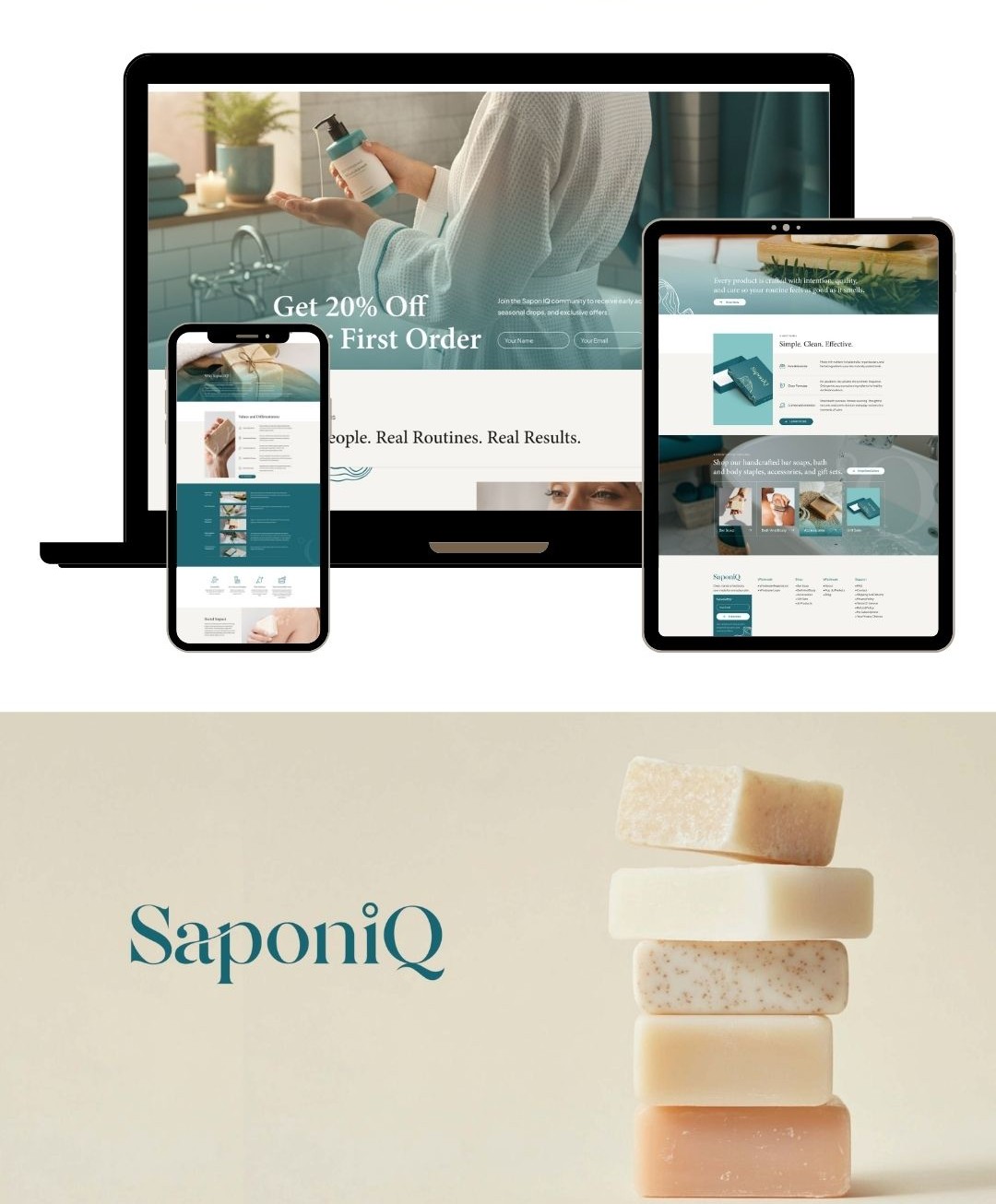 Skincare website design presentation showcasing responsive ecommerce layout, brand identity and product-focused user experience