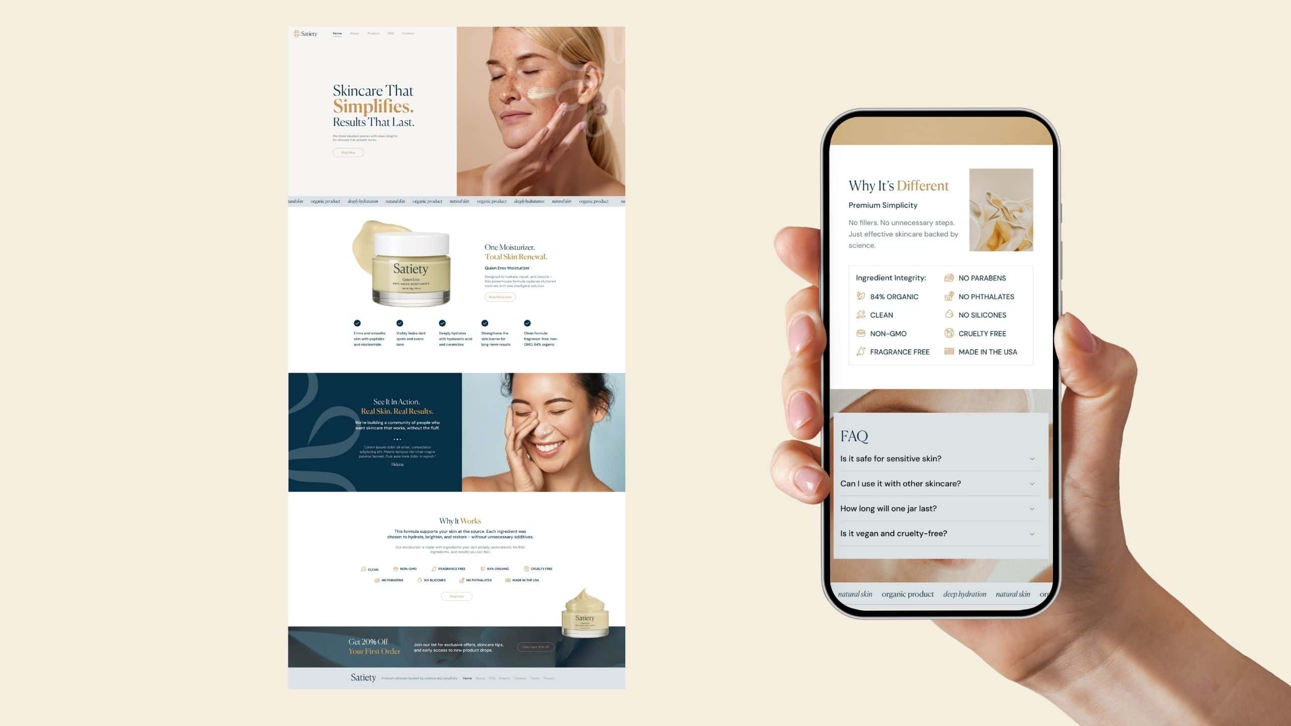 Website design for skincare brand featuring product-focused layout, conversion-driven sections, and responsive mobile experience with cohesive branding