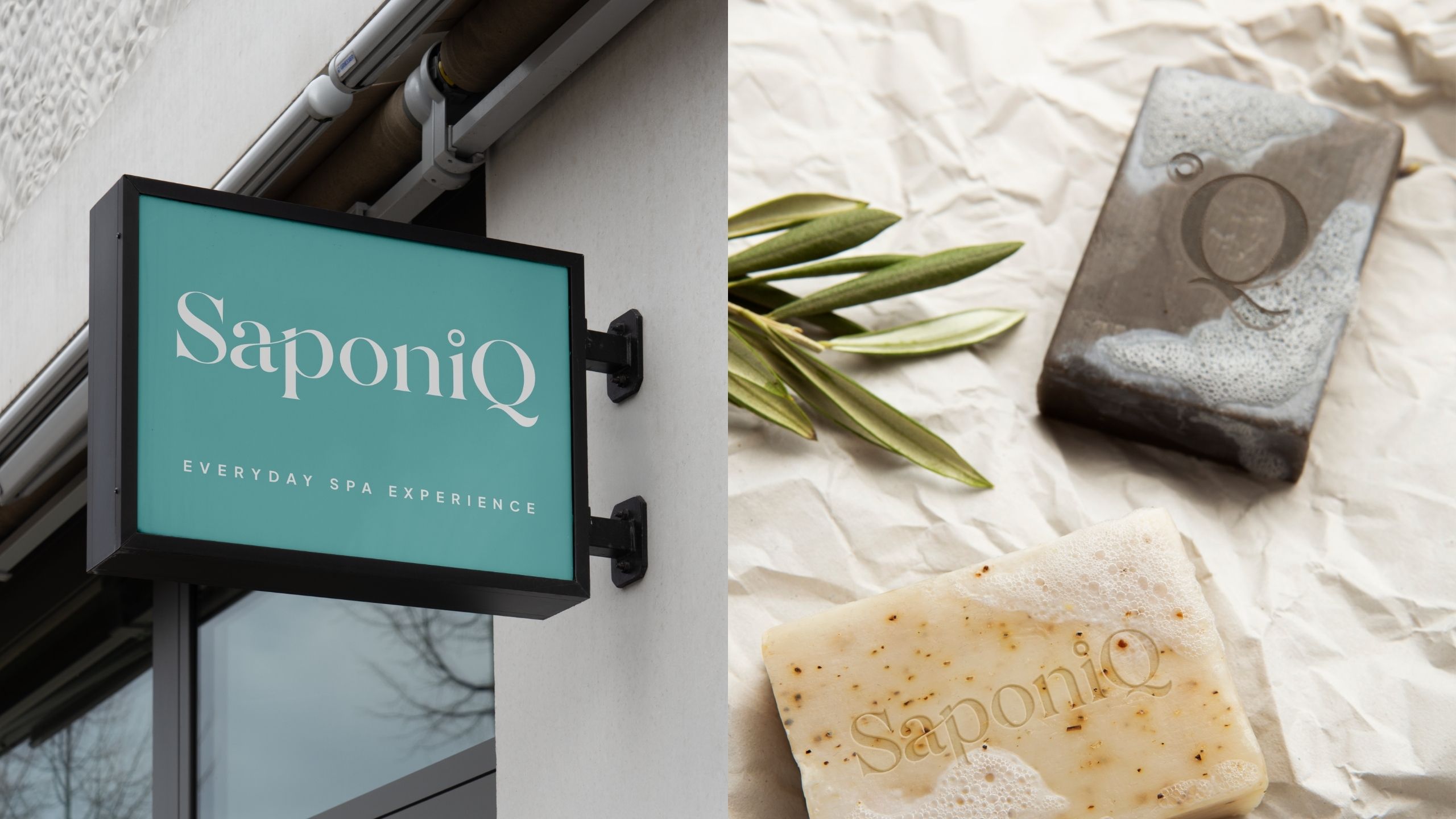 Skincare brand identity applied across signage and product photography with embossed logo, natural textures, and cohesive visual direction