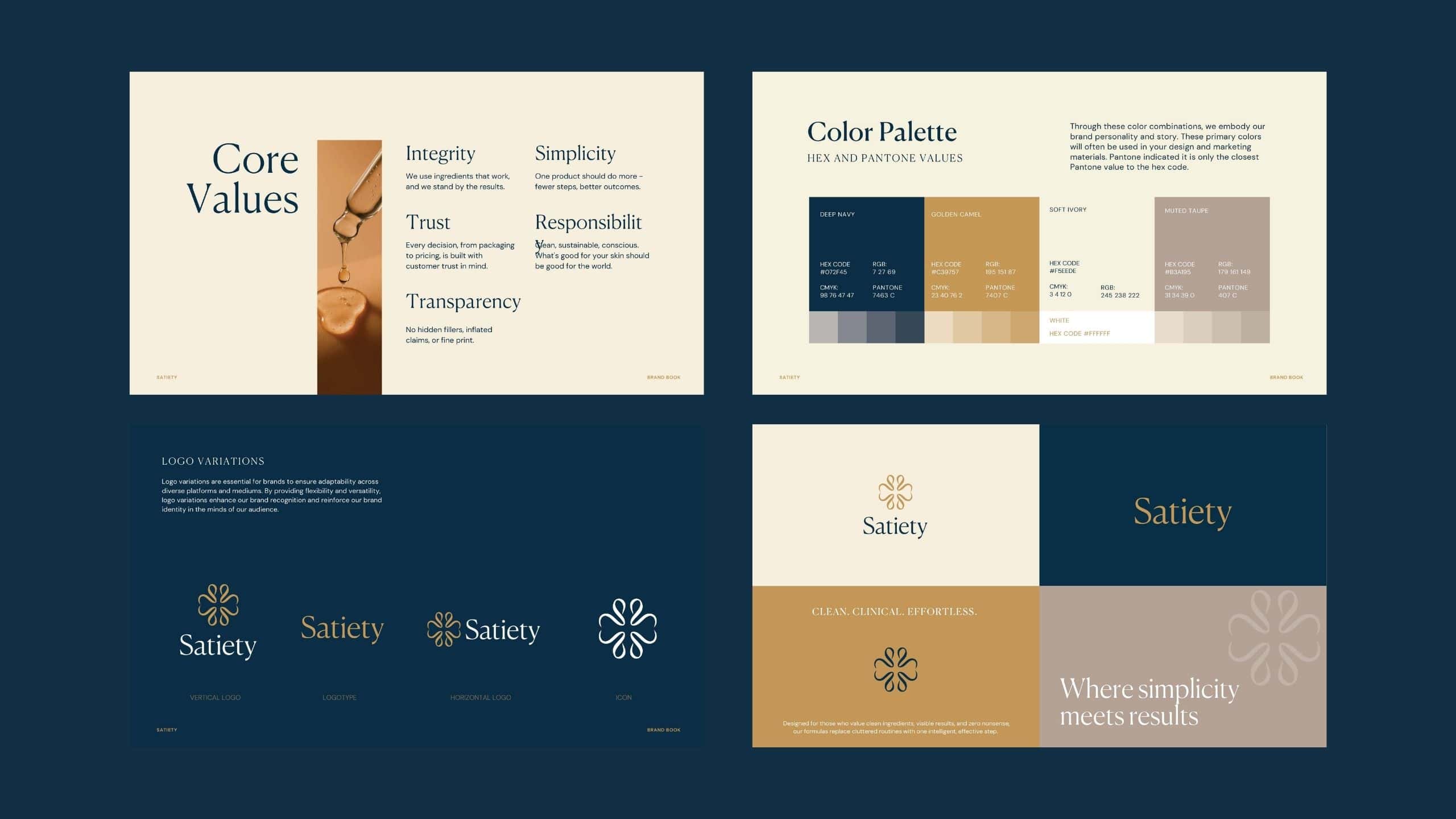 Brand strategy and identity system featuring logo design, color palette, typography, and brand guidelines applied across a cohesive skincare brand framework