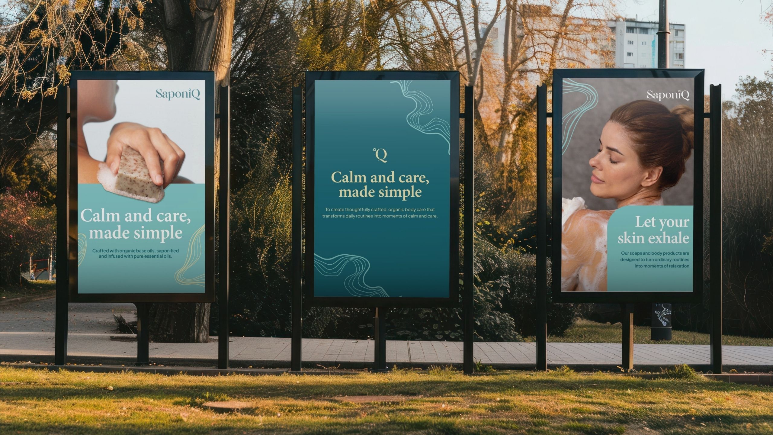 Outdoor billboard campaign showcasing skincare brand identity with cohesive messaging, typography, and lifestyle visuals across multiple poster designs