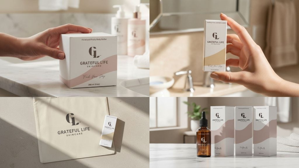 Luxury skincare packaging design across multiple products, featuring minimal logo, cohesive box system and refined typography shown through lifestyle product photography and brand presentation