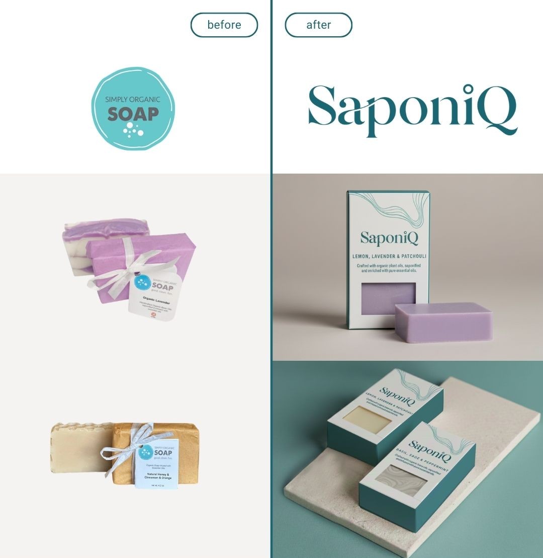 Skincare rebranding transformation showing before and after logo design, packaging redesign and elevated product presentation