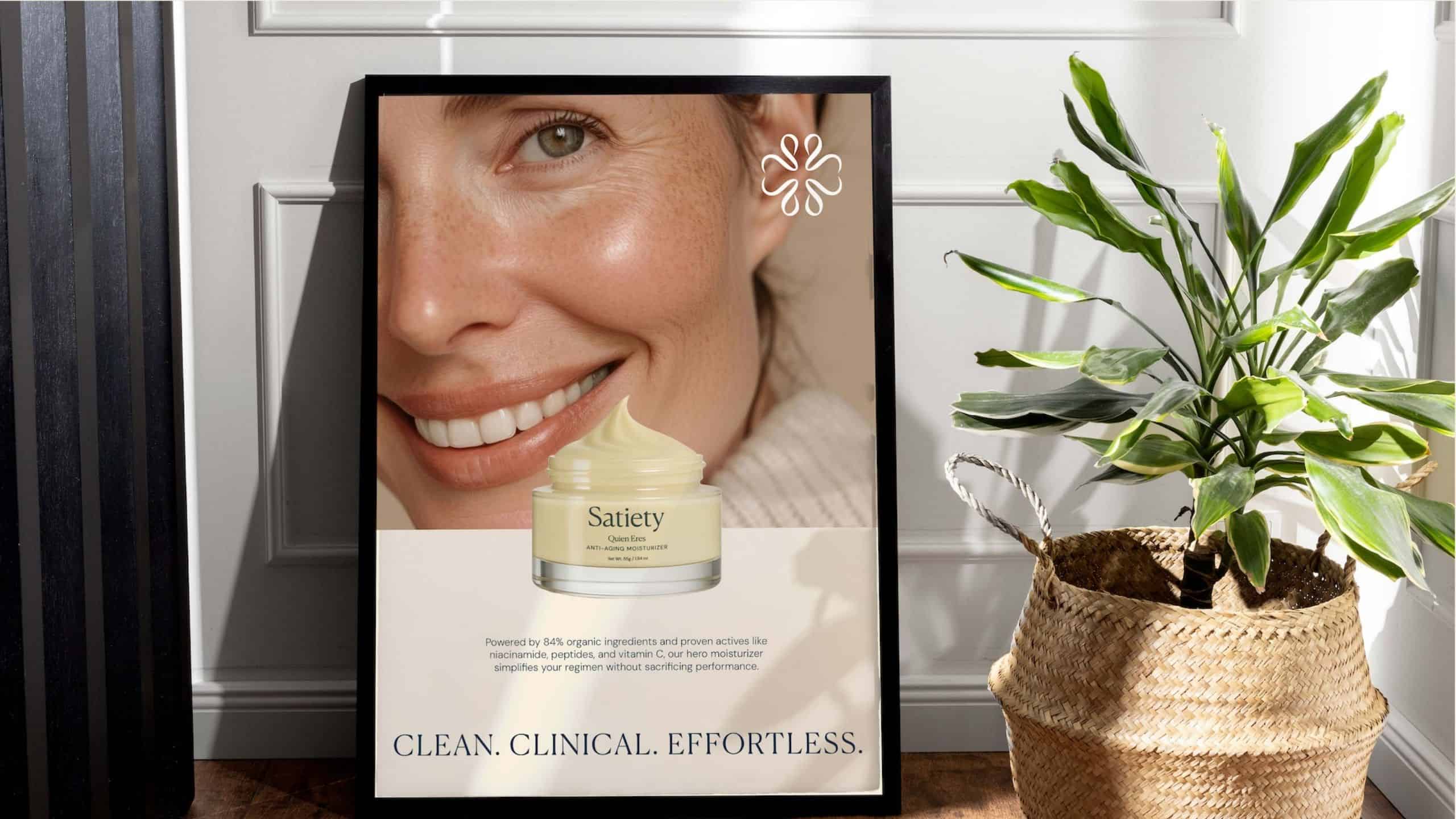 Campaign poster design featuring product packaging, lifestyle imagery, and refined typography highlighting anti-aging positioning and premium brand identity