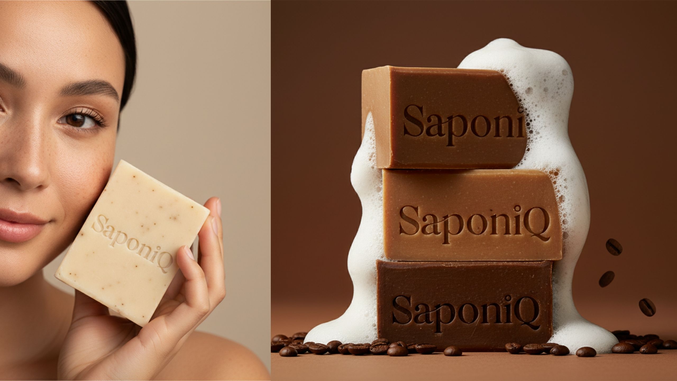 Model holding branded soap bar alongside product photography of stacked soaps with embossed logo and rich texture details