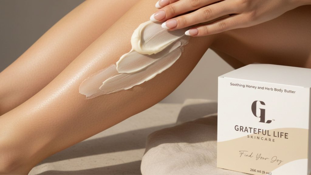 Body butter application on skin with smooth, creamy texture, paired with minimal box packaging design and clean typography for a premium, results-focused brand presentation