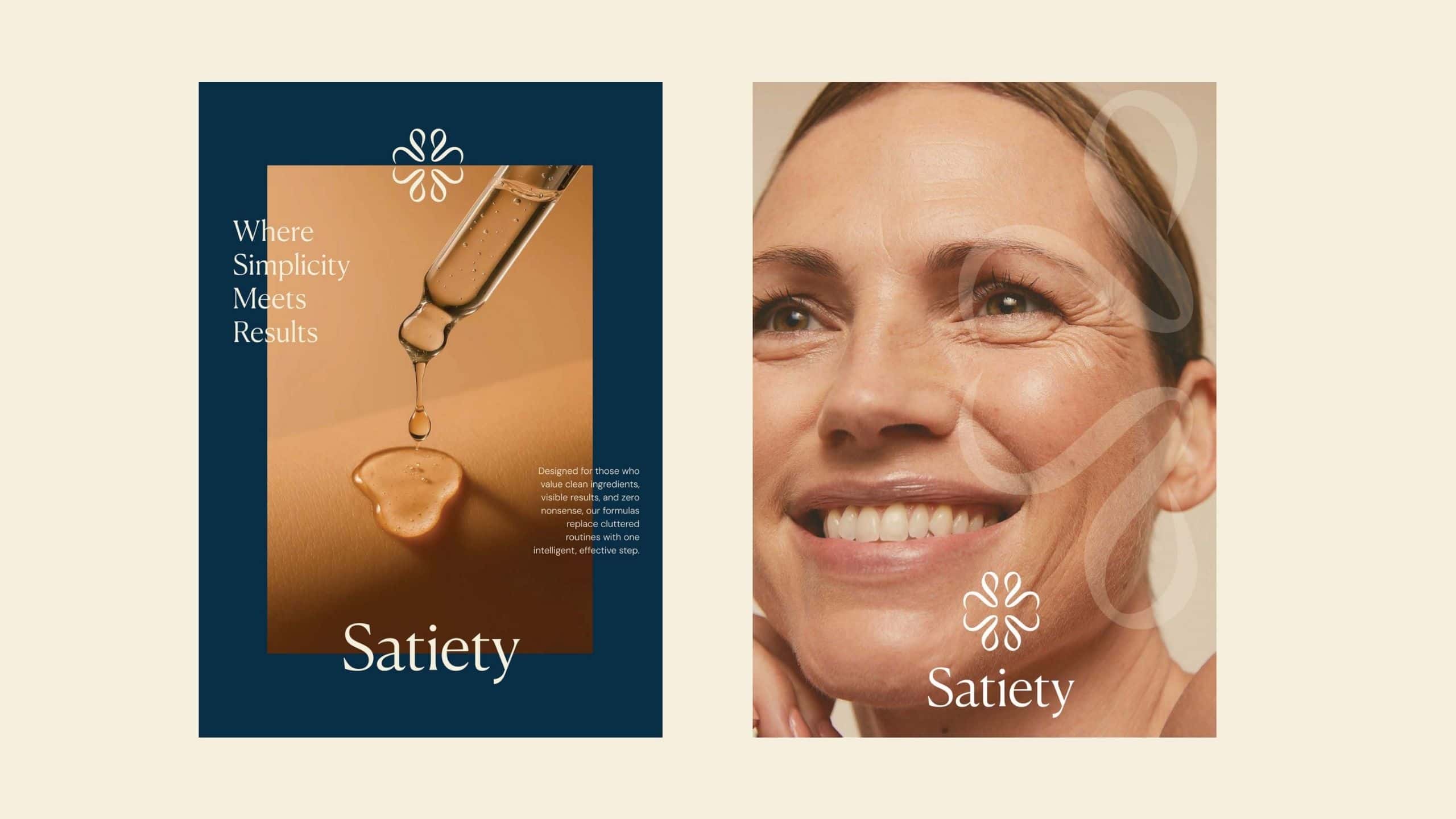 Skincare brand campaign design featuring serum product photography, refined typography, and lifestyle imagery supporting anti-aging positioning and cohesive visual identity