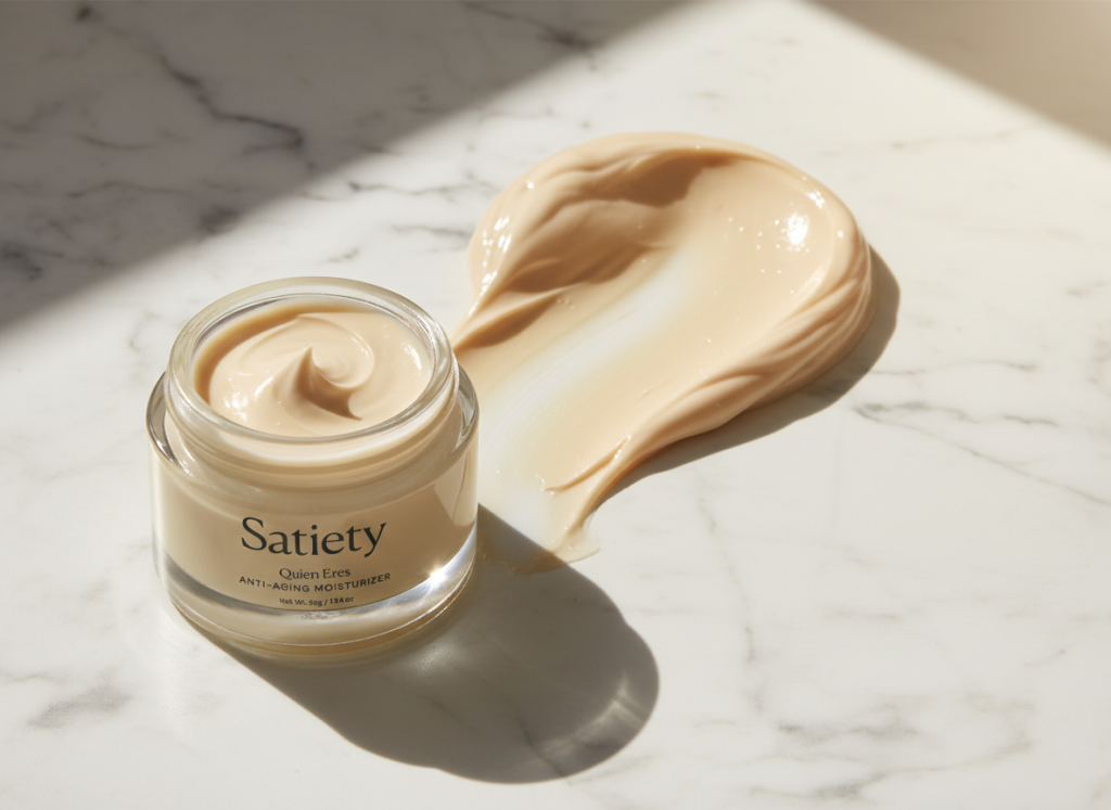 Open glass jar of anti-aging moisturizer with smooth cream swirl and texture spread on marble surface in warm natural light