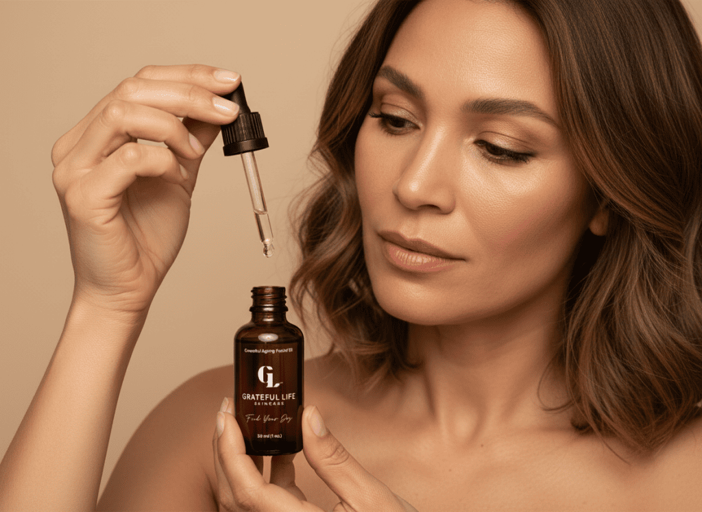 serum with minimal label design and clean typography, premium product photography featuring dropper application and warm neutral aesthetic for elevated skincare branding