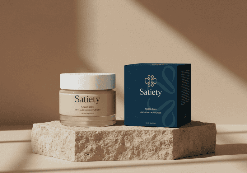Moisturizer packaging design featuring product jar and branded box with refined typography, minimal color palette, and premium product presentation
