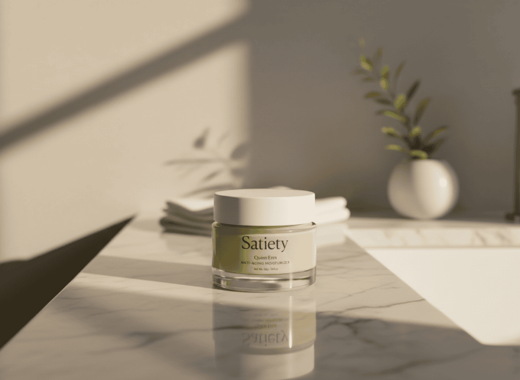 Satiety moisturizer jar in a minimal lifestyle setting, featuring clean label design, soft natural lighting and refined, neutral brand aesthetic