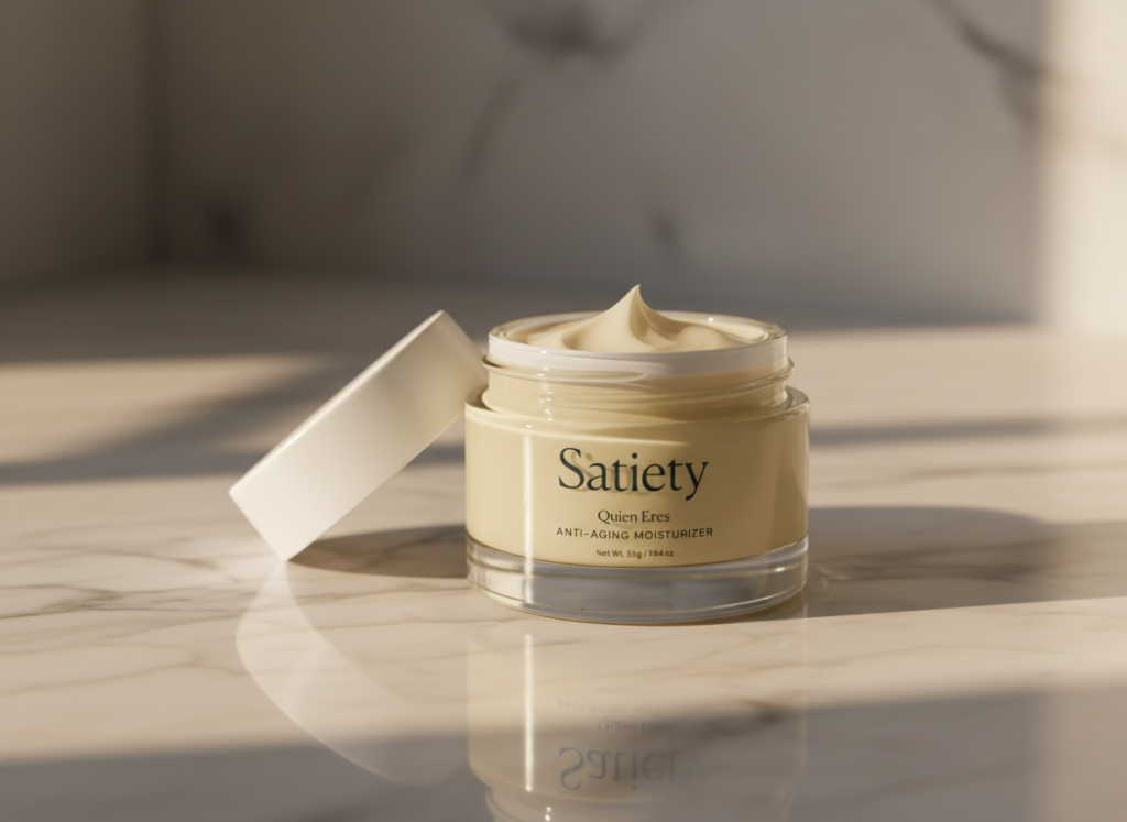 Satiety moisturizer with minimal label design and clean typography, styled product photography highlighting creamy texture and refined, neutral aesthetic