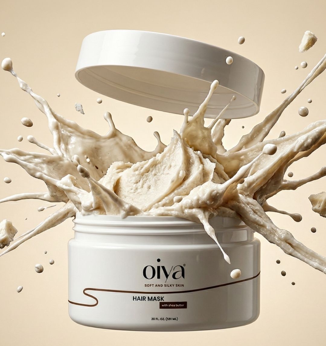 Skincare packaging design featuring hair mask jar with creamy texture splash, minimal logo, branding and product design