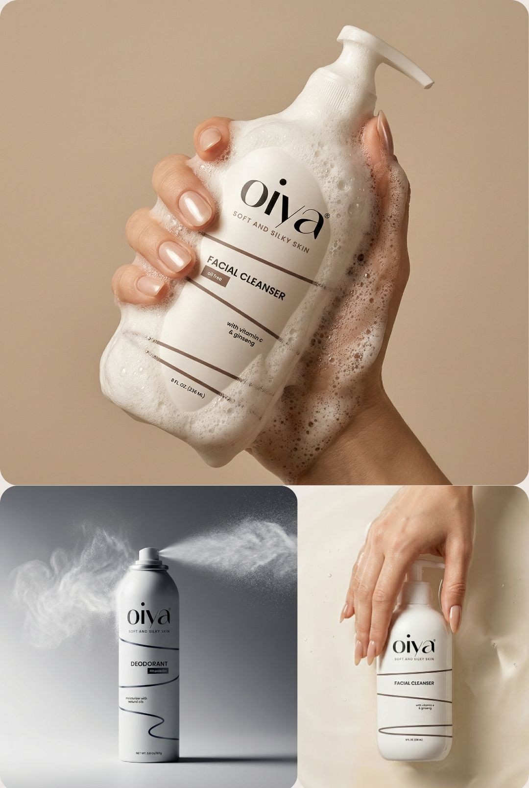 Skincare packaging design presentation featuring Oiya facial cleanser and deodorant with minimal logo, branding and product design