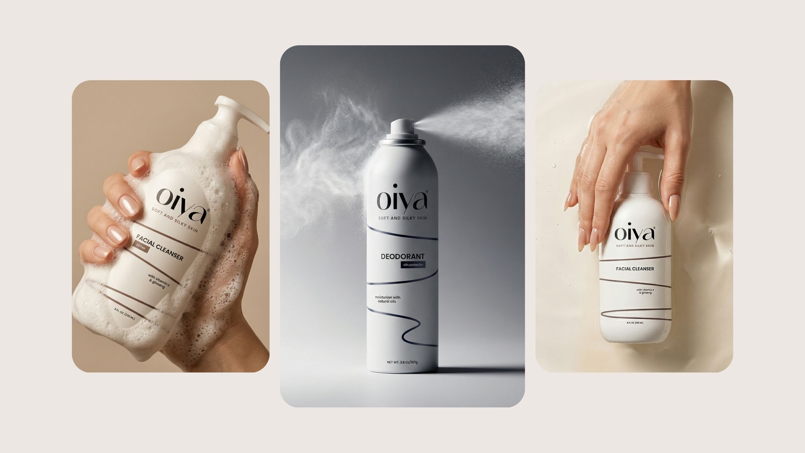 Clean skincare product system showcasing facial cleanser and deodorant with application moments, minimal packaging and modern brand identity