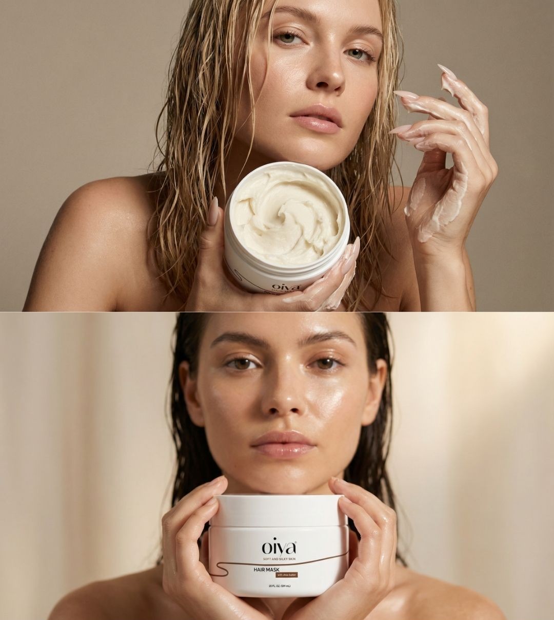 Oiya hair mask packaging held by model with dewy skin and wet hair, premium beauty branding and product design by Aventive Studio