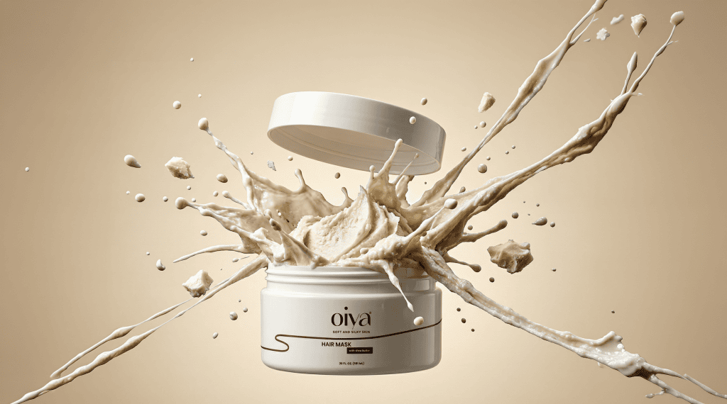 Hair mask jar with dynamic cream splash highlighting texture, minimal packaging and modern skincare brand identity