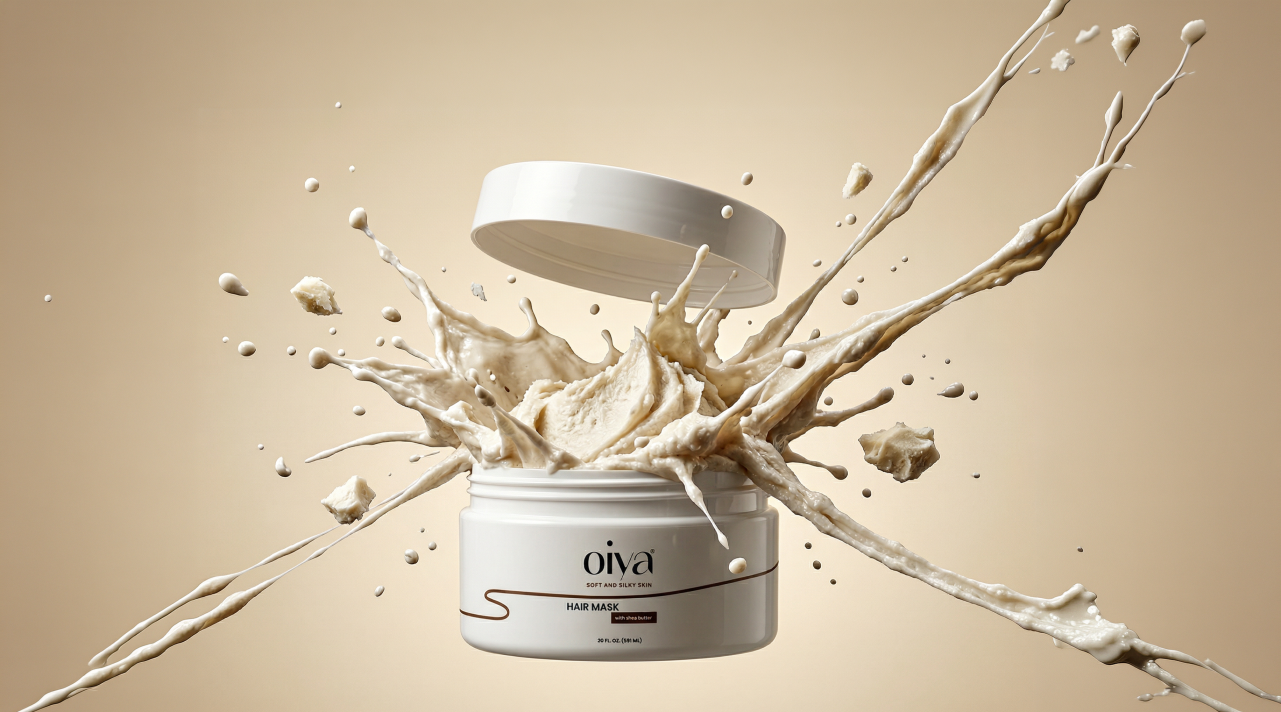 Hair mask jar with dynamic cream splash highlighting texture, minimal packaging and modern skincare brand identity