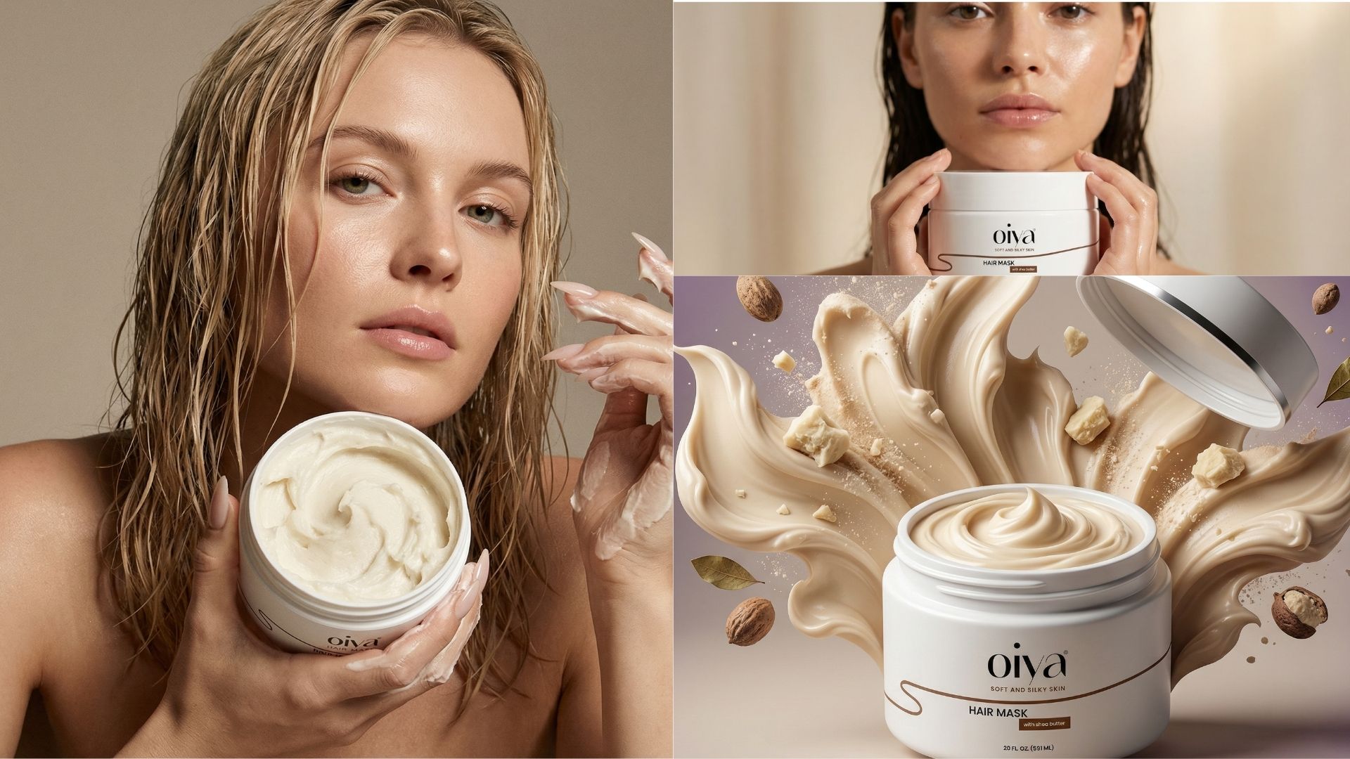 Hair mask packaging design presentation with creamy texture visuals, product application and minimal skincare branding