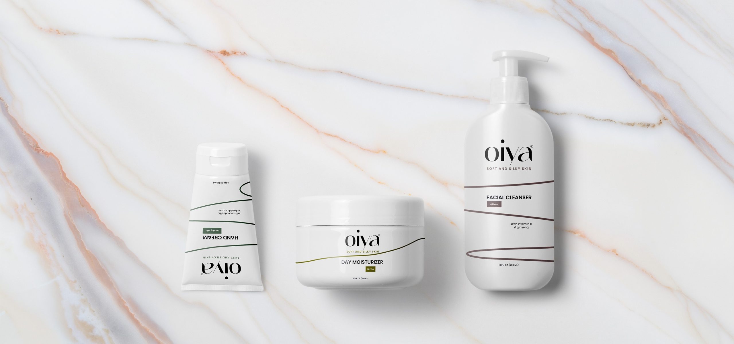 Day moisturizer, facial cleanser and hand cream packaging design presentation with minimal white skincare branding on marble background